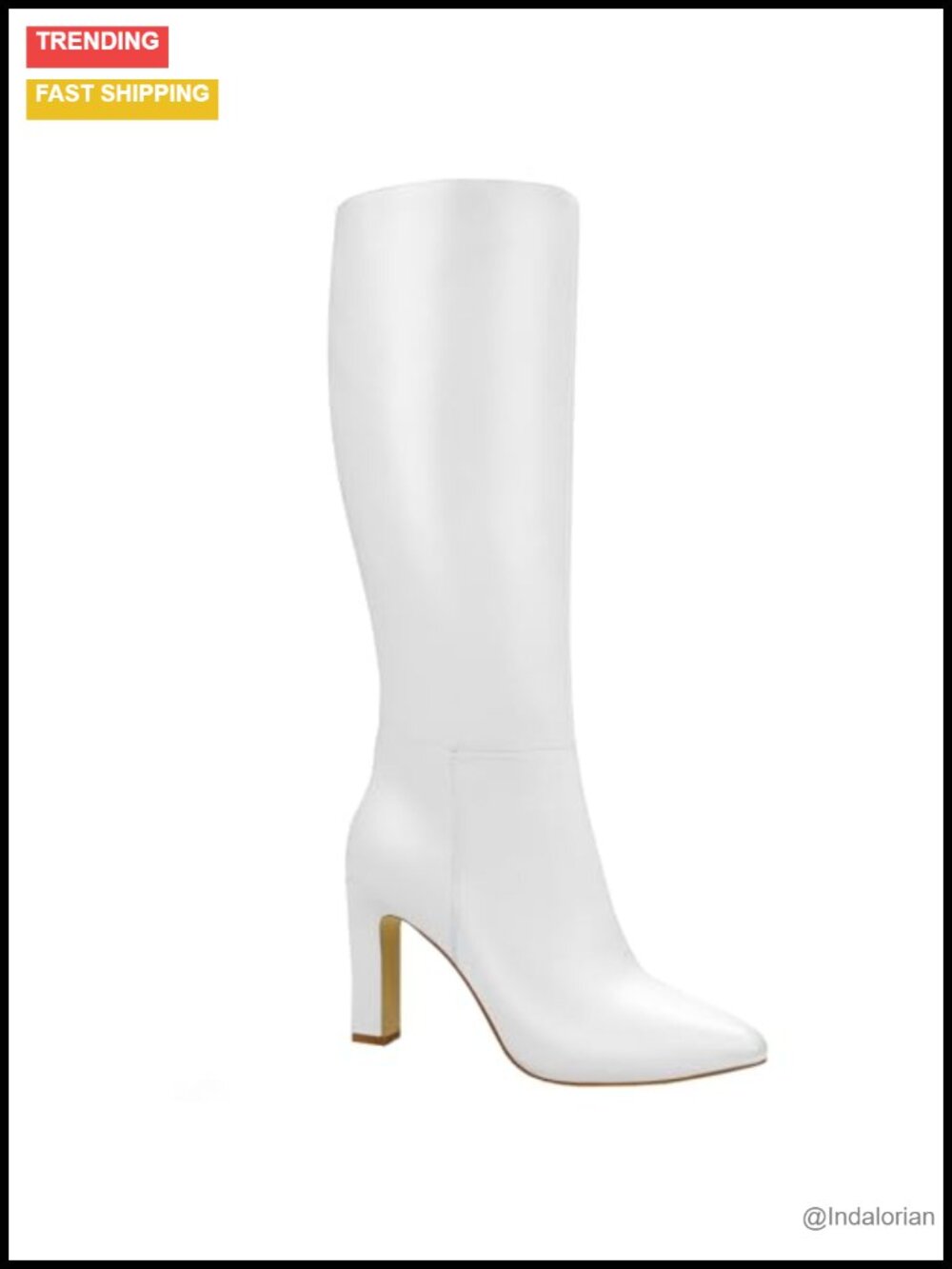 Quorvash Knee High Boots Pointed Toe Chunky Heel Faux Leather